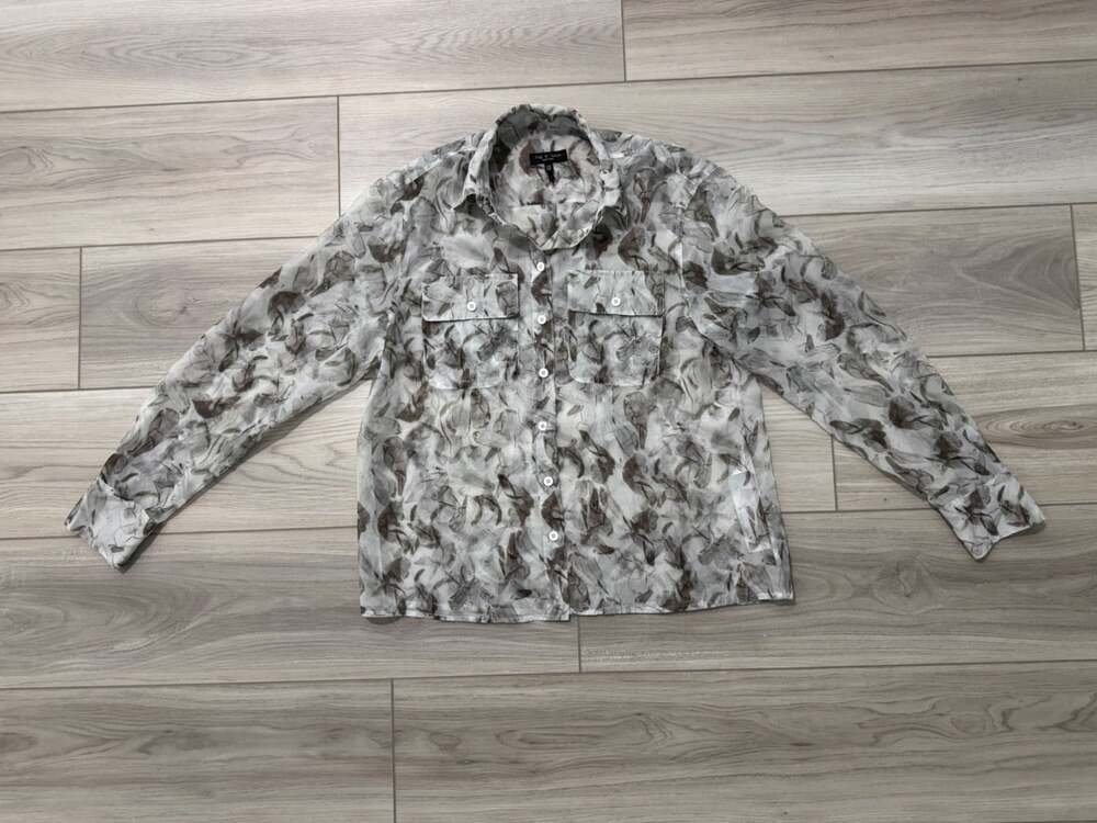 rag & bone Sheer Button Up Blouse Abstract Floral Print Grey Taupe Womens XXS